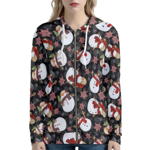 Renewold Y2K Women Zip-up Hoodies Sweatshirts Long Sleeve Hooded Jackets with Hood Snowman Snowflake Christmas Graphic Casual Sportswear Cricket Clothing Size 3XL