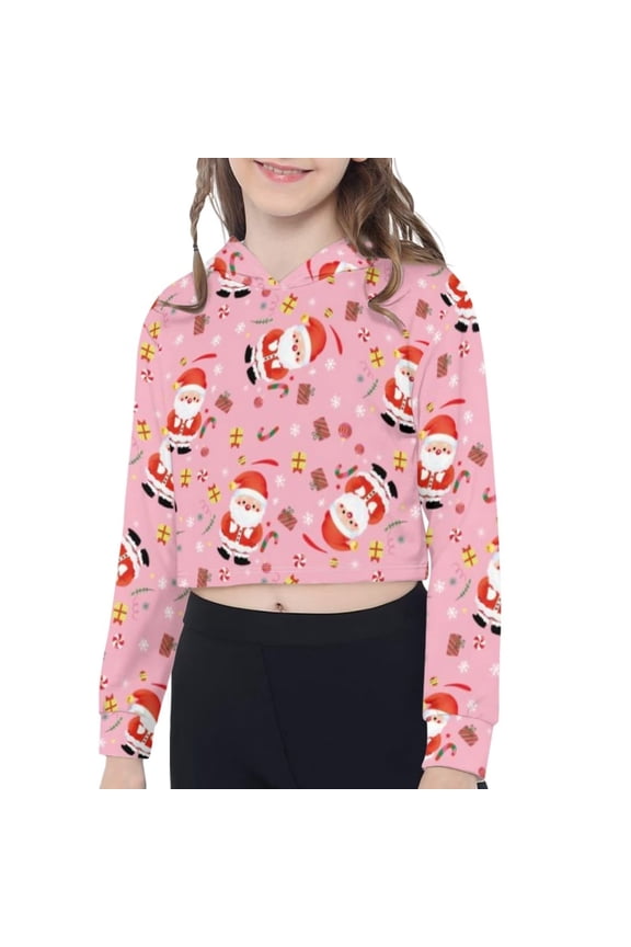 Youth Girls Crop Hoodie & Pullover Sweatshirt Size 5-6 Christmas Candy Canes Sant Long Sleeve Sweater Hoody with Hood Soft Tracksuit Sportswear Tops,Pink
