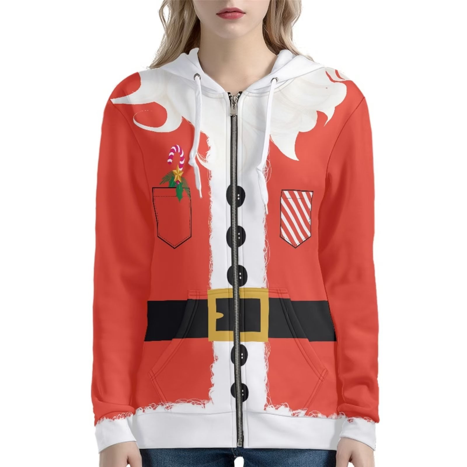 Renewold Zipper Hoodie Sweatshirt Ladies Christmas Elf Drawstring - Main Image