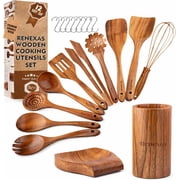Renexas 12 Pcs Teak Wooden Spoons for Cooking  Non-Toxic, Non-Stick Kitchen Utensils Set Wood Spatulas with Hooks, Spoon Rest & Holder   Lightweight, Heat Resistant, Eco-Friendly.