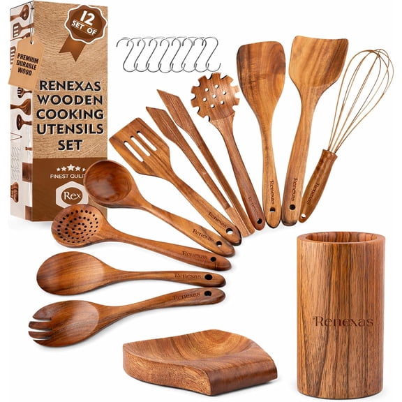 Renexas 12 Pcs Teak Wooden Spoons for Cooking Non-Toxic, Non-Stick Kitchen Utensils Set Wood Spatulas with Hooks, Spoon Rest & Holder Lightweight, Heat Resistant, Eco-Friendly.