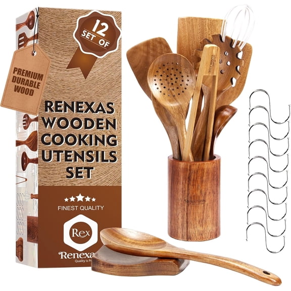 Renexas 12 Pcs Teak Wooden Spoons for Cooking Non-Toxic, Non-Stick Kitchen Utensils Set Wood Spatulas with Hooks, Spoon Rest & Holder Lightweight, Heat Resistant, Eco-Friendly.