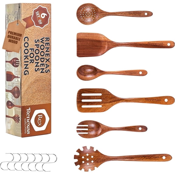 Renexas 6 Pcs Teak Wooden Spoons for Cooking– Non-Toxic, Non-Stick Kitchen Utensils Set Wood Spatulas with Hooks– Lightweight, Heat Resistant, Eco-Friendly Cookware.