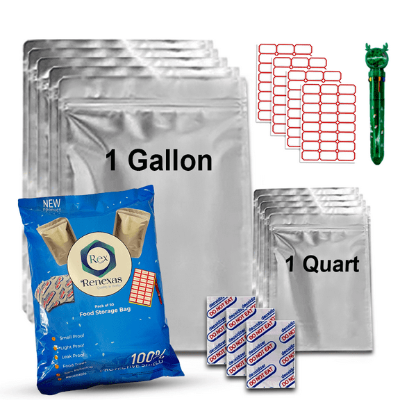 Renexas Mylar Bags 50 Pcs For Food Storage With Oxygen Absorbers | Airtight Resealable Foil Pouches For Long Term Storage, Reusable ziplock Bags pack of 1 gallon(25pcs) and 1 quart (25pcs)