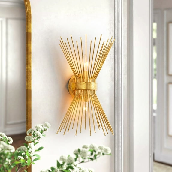 Rennnsan 2-Light Modern Gold Linear Sputnik Wall Light Sunburst Starburst Up&Down Bathroom Vanity Light Gold Leaf Distressed