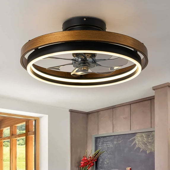 Rennnsan 20 in. Modern Circle Wheel Color-Changing Integrated LED Semi-Flush Mount Fandelier w/ Remote Control - 19.6 in. W x 7.6 in. H