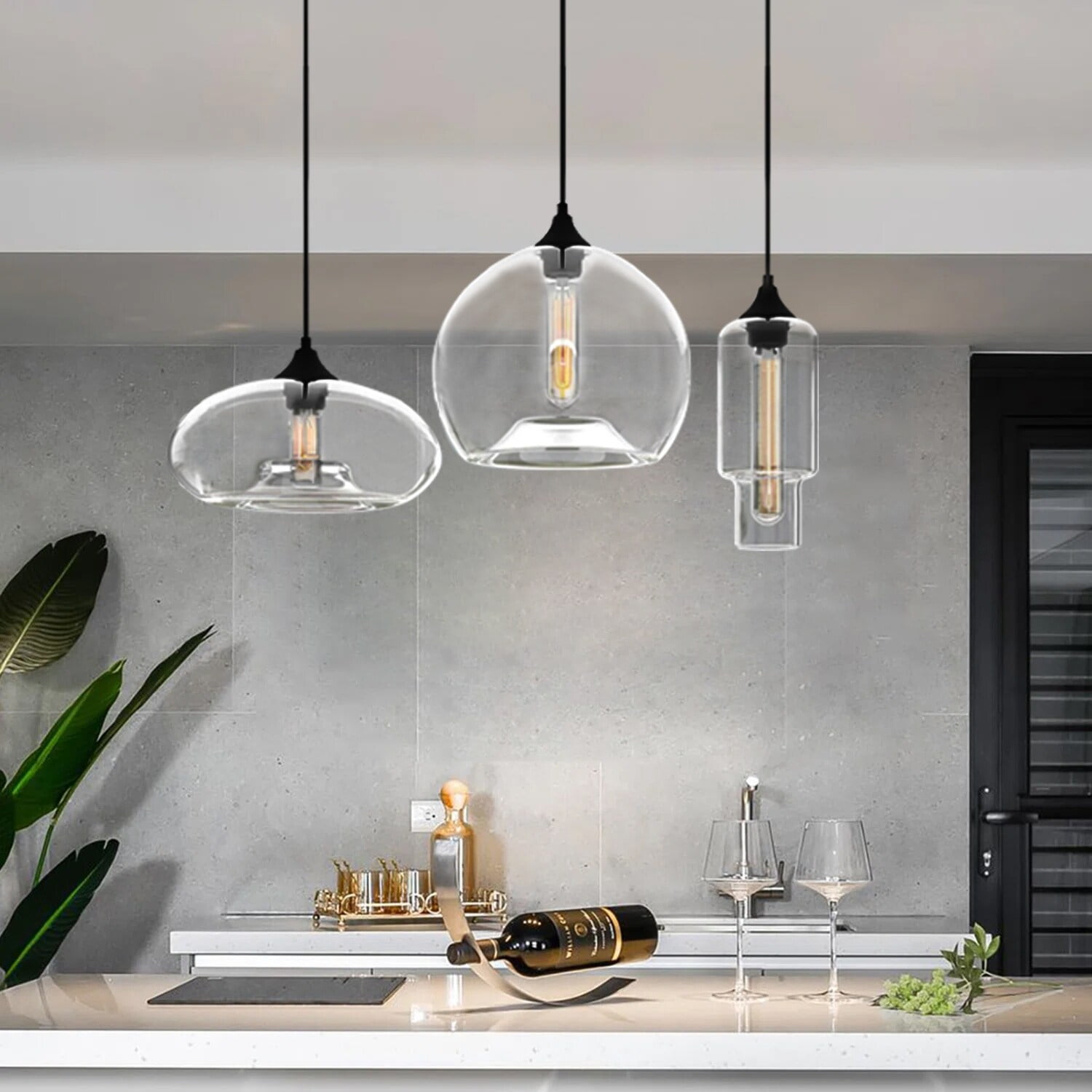Modern Black and Clear Glass 3-Light Cluster Pendant Chandelier