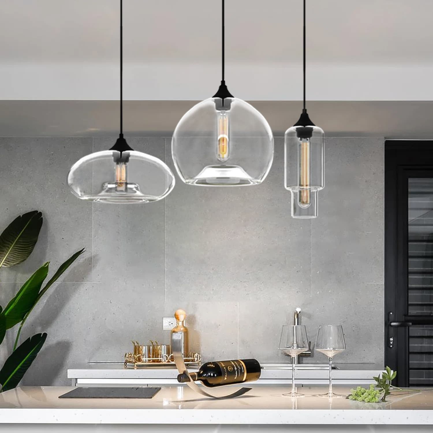 Modern Black and Clear Glass 3-Light Cluster Pendant Chandelier