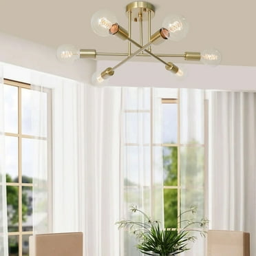 Rennnsan 6-Light Modern Industrial Linear Sputnik Branch Semi-Flush Mount Light Ceiling Light Antique Brass