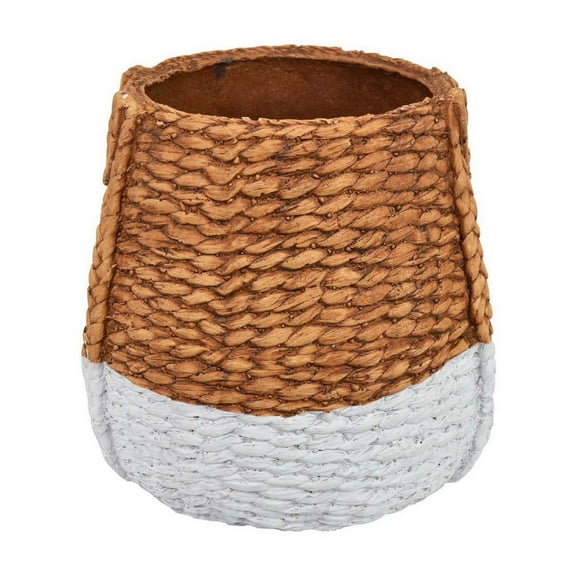 Benjara Reno 15" Planter- Rope Woven Design- White and Brown Finished Resin