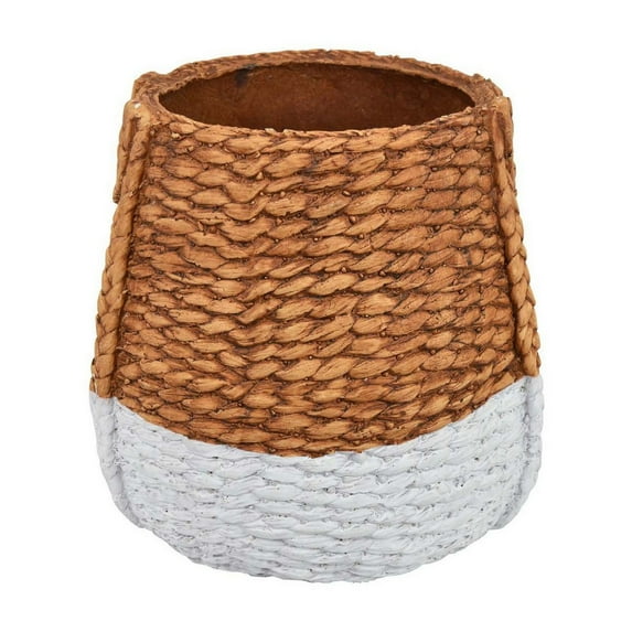 Reno 15 Inch Planter - Rope Woven Design - White and Brown Finished Resin