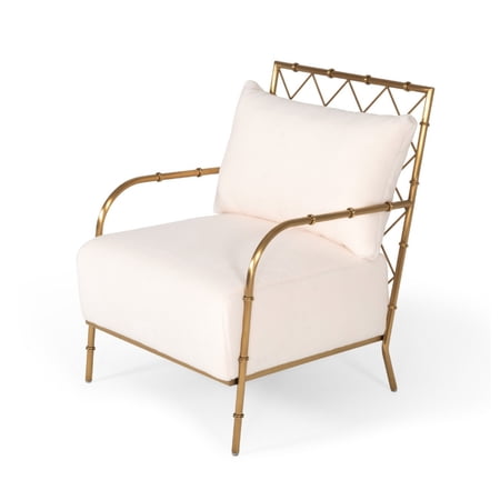 Reno 25 Inch Modern Accent Chair, Loose Pillow Back, White, Gold Frame