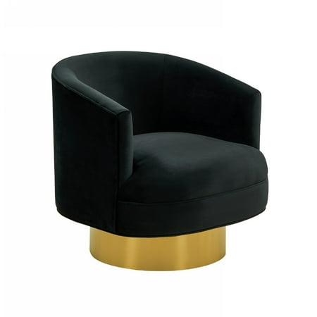 Reno 32 Inch Modern Curved Accent Chair, Black Fabric, Gold Base