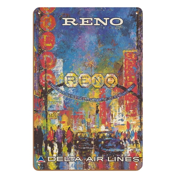 Reno Nevada - The Biggest Little City in the World - Delta Air Lines - Vintage Travel Poster by Jack Laycox c.1980s - 8 x 12 inch Vintage Wood Art Sign