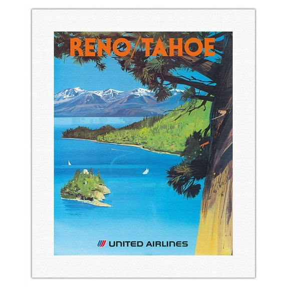 Reno Nevada - Lake Tahoe California - United Airlines - Vintage Airline Travel Poster by Tom Hoyne c.1970s - Fine Art Rolled Canvas Print 16in x 20in