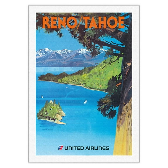 Reno Nevada - Lake Tahoe California - United Airlines - Vintage Airline Travel Poster by Tom Hoyne c.1970s - Fine Art Rolled Canvas Print 27in x 40in