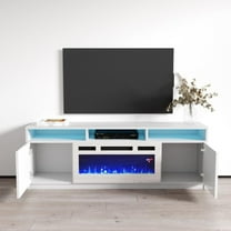 Reno WH05 Fireplace TV Stand for TVs up to 70", Modern High Gloss 63" Entertainment Center, Electric Fireplace TV Media Console with Storage Cabinets and LED Lights