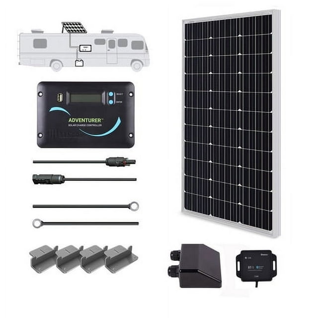 Renogy 100 Watts 12 Volts Monocrystalline Solar RV Kit off-Grid Kit with 30A PWM LCD Controller + Mounting Brackets + Male and Female Connectors + Solar Cables + Cable Entry housing