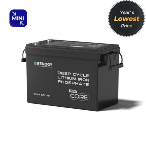 Renogy 12V 300Ah Mini Size LiFePO4 Lithium Battery, 200A BMS for Ultimate Safety, Deep Cycle w/Remote Monitoring Compatibility, Backup Power for RVs, Cabins, Marine, home storage - Core Series