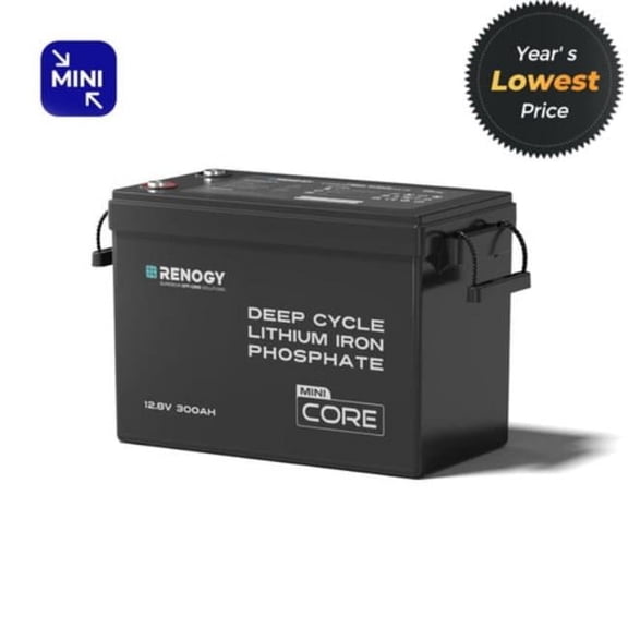 Renogy 12V 300Ah Mini Size LiFePO4 Lithium Battery, 200A BMS for Ultimate Safety, Deep Cycle w/Remote Monitoring Compatibility, Backup Power for RVs, Cabins, Marine, home storage - Core Series