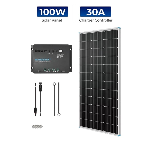 Renogy 100 Watt 12 Volt Solar Panel Kit, 30A MPPT Charge Controller, Mounting Z Brackets, Cable, Adaptor Kit for RV, Boats, Trailer, Camper, Marine, Off-Grid System