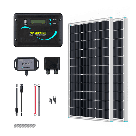 Renogy 200 Watts 12 Volts Monocrystalline RV Solar Panel Kit with Adventurer 30A LCD PWM Charge Controller and Mounting Brackets for RV, Boats, Trailer, Camper, Marine, Off-Grid Solar Power System