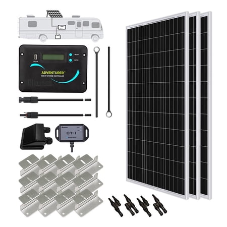 Renogy 300 Watts 12 Volts Monocrystalline Solar RV Kit Off-Grid Kit with 30A PWM LCD Charge Controller / Mounting Brackets / Male and Female Connectors / Solar Cables /Cable Entry housing