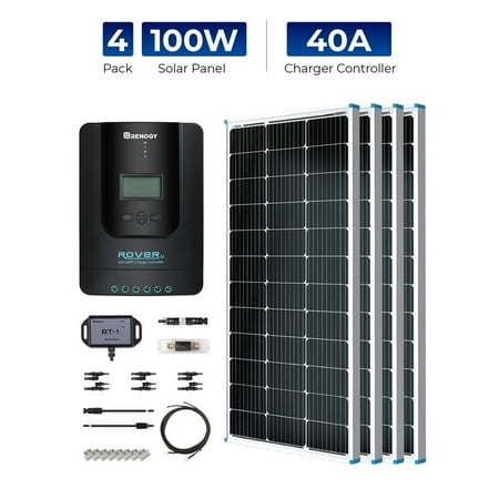 Renogy 400 Watt Solar Power Kit, 4 Pcs 100W Solar Panel, 40A MPPT Charge Controller+ Bluetooth Module Fuse+ Mounting Z Brackets+Adaptor Kit
