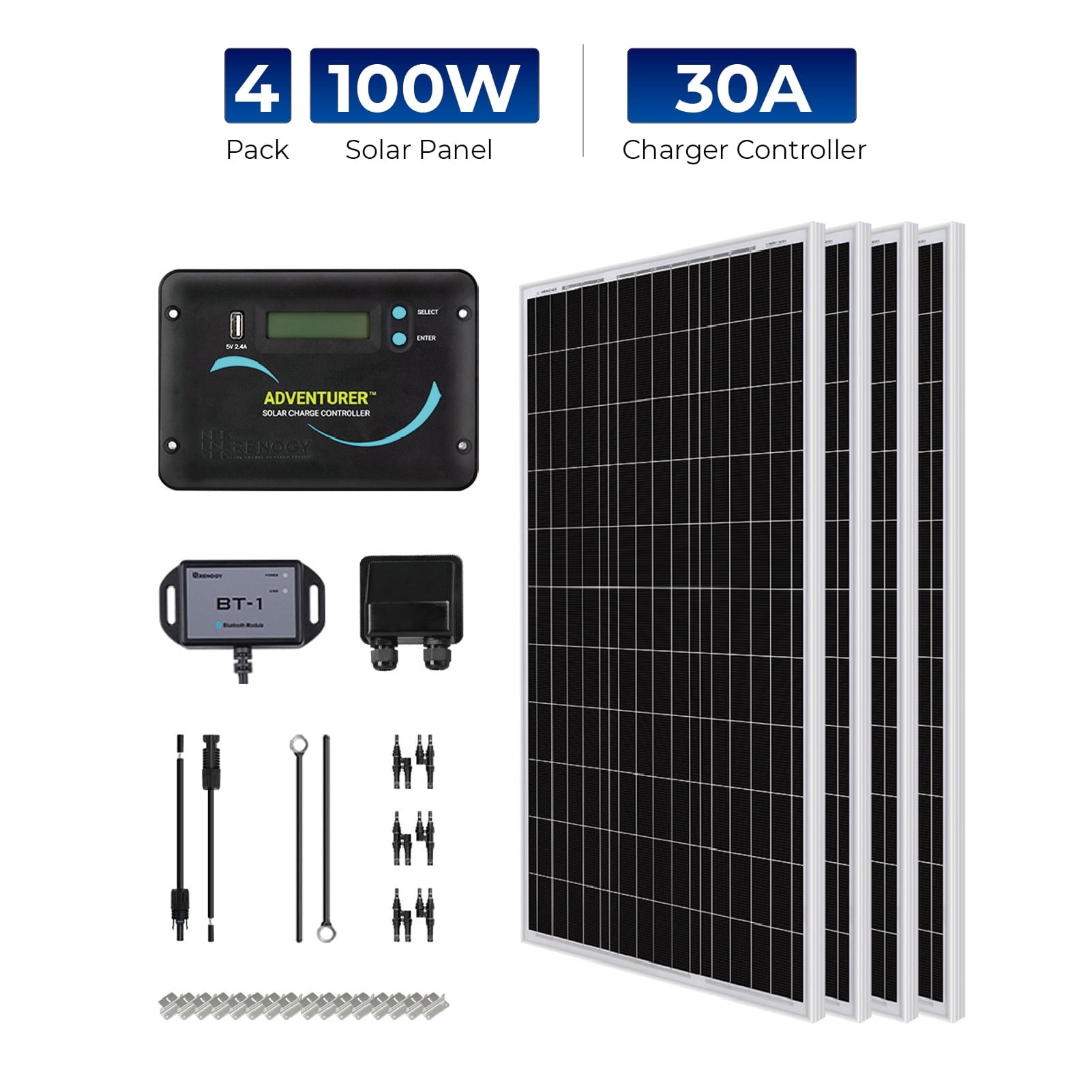 Renogy 400W RV Solar Panel Kit, 4pack 100W Solar Panel, 30A LCD PWM Charge Controller, BT1 Bluetooth Module, Mounting Brackets, Y-Connectors, Cables for Off-Grid System