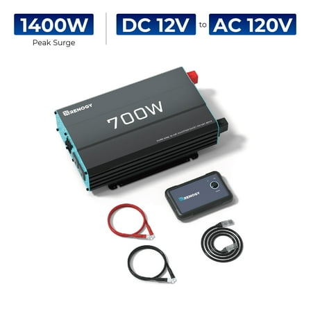Renogy 700W Pure Sine Wave Inverter, Power Inverter DC 12V to AC 110V, Built-in 5V/2.1A USB Port, AC Hardwire Port, Remote Controller