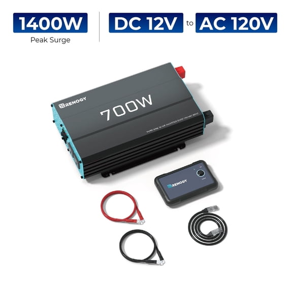 Renogy 700W Pure Sine Wave Inverter, Power Inverter DC 12V to AC 110V, Built-in 5V/2.1A USB Port, AC Hardwire Port, Remote Controller