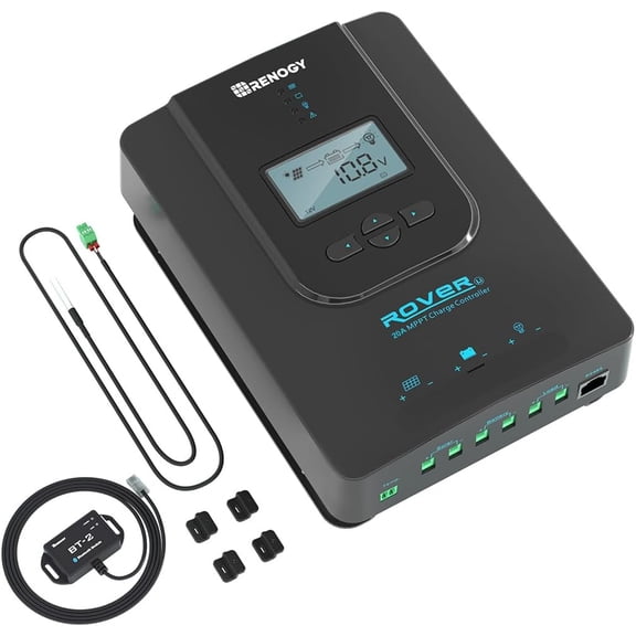 Renogy Solar Charge Controller (Bluetooth)- Rover 20A 12V24V Auto DC Input MPPT Controllers for Panels Adjustable LCD Gel Sealed Flooded Lithium Battery