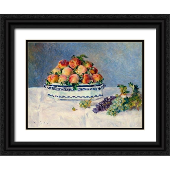 Renoir, Pierre-Auguste 18x15 Black Ornate Wood Framed with Double Matting Museum Art Print Titled - Still Life with Peaches and Grapes