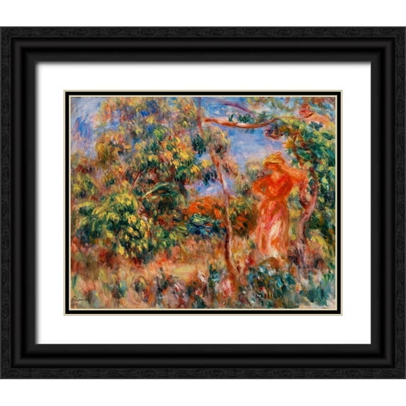 Renoir, Pierre-Auguste 18x15 Black Ornate Wood Framed with Double Matting Museum Art Print Titled - Woman in Red in a Landscape 1917