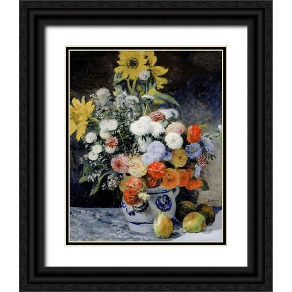 Renoir, Pierre-Auguste 20x24 Black Ornate Wood Framed with Double Matting Museum Art Print Titled - Mixed Flowers in an Earthenware Pot