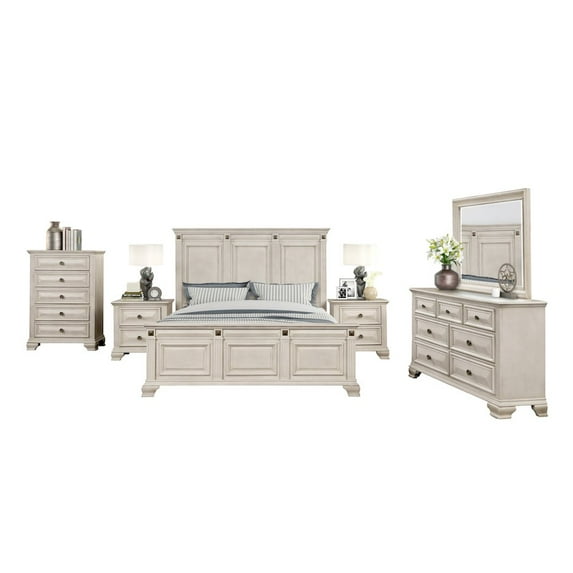 Renova Distressed Parchment Wood Bedroom Set, King Panel Bed, Dresser, Mirror, Two Nightstands, Chest