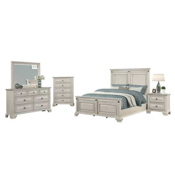 Renova Distressed Parchment Wood Bedroom Set, Queen Panel Bed, Dresser, Mirror, Nightstand, Chest