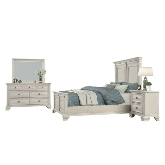 Renova Distressed Parchment Wood Bedroom Set, Queen Panel Bed, Dresser, Mirror, Nightstand