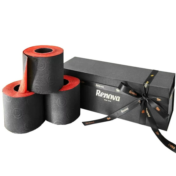 Renova Luxury Black & Red Toilet Paper Gift Box, 3 Rolls, 100 Sheets Per Roll