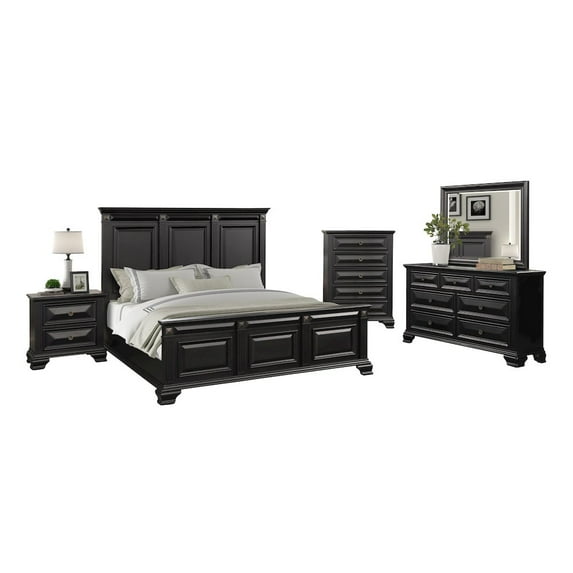 Roundhill Furniture Vintage Black Wood Bedroom Set, King Bed, Dresser, Mirror, Nightstand, Chest
