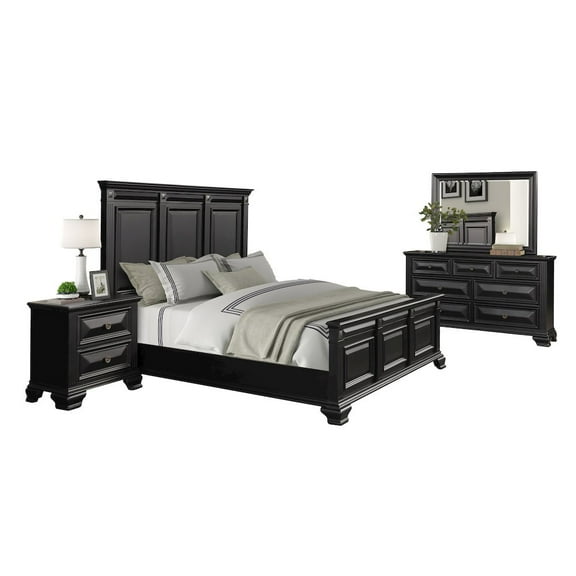 Roundhill Furniture Vintage Black Wood Bedroom Set, King Panel Bed, Dresser, Mirror, Nightstand