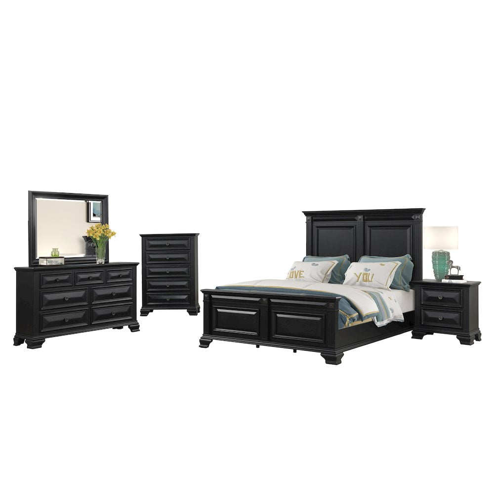 Renova Vintage Black Wood Bedroom Set, Queen Panel Bed, Dresser