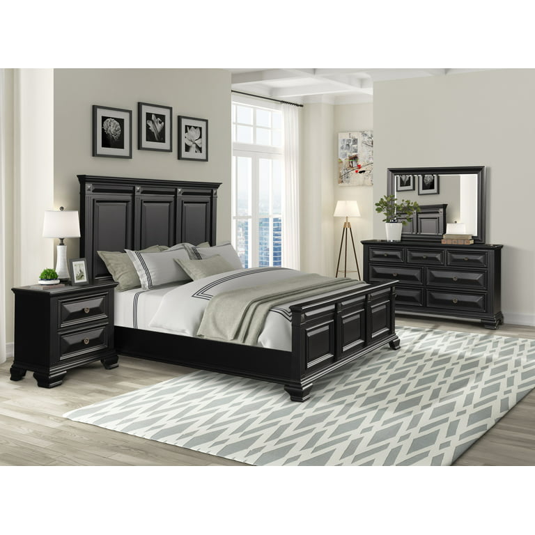 Renova Vintage Black Wood Bedroom Set, Queen Panel Bed, Dresser, Mirror, Nightstand