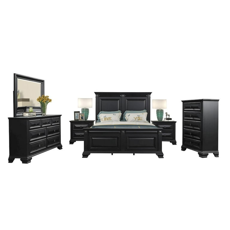 Roundhill Furniture Vintage Black Wood Bedroom Set, Queen Bed