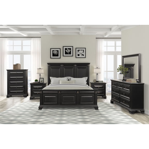 Renova Vintage Black Wood Bedroom Set, Queen Panel Bed, Dresser, Mirror, Two Nightstands, Chest