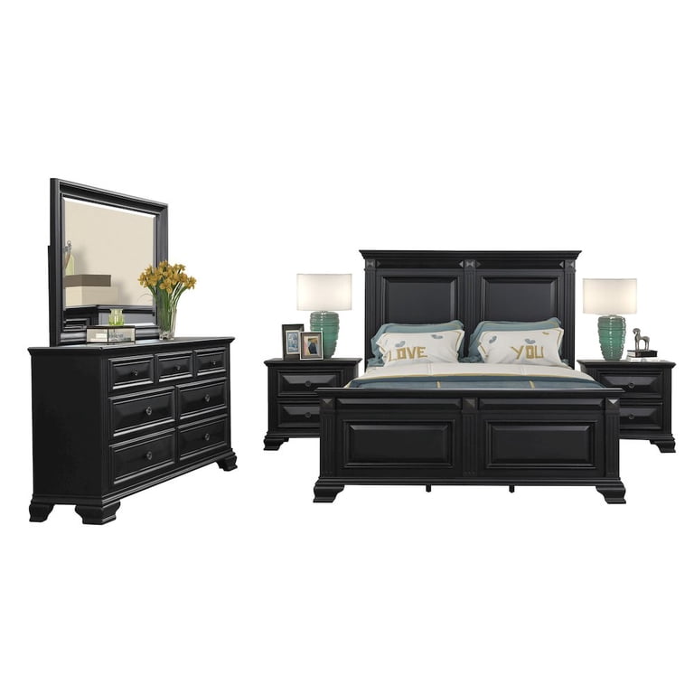 Roundhill Furniture Vintage Black Wood Bedroom Set, Queen Panel