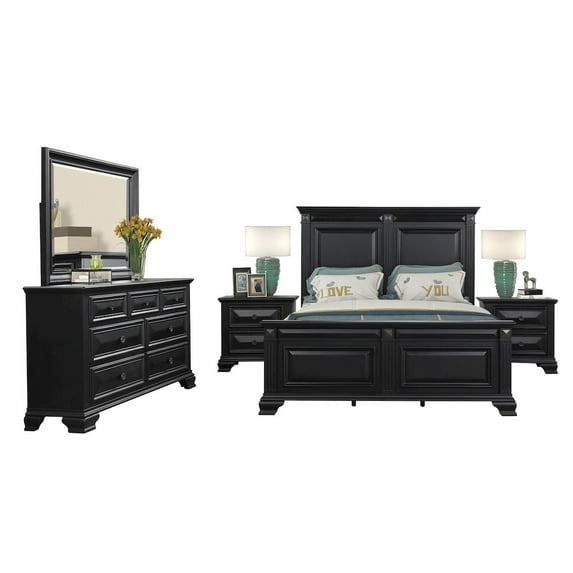 Roundhill Furniture Vintage Black Wood Bedroom Set, Queen Panel Bed, Dresser, Mirror, 2 Nightstands