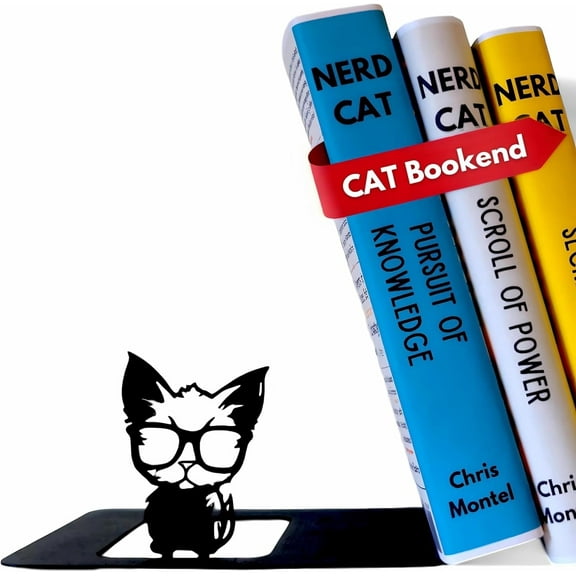Renovatio Black Metal Bookend – Cute, Unique, Geeky Decor for Home, Office & Kids Room – Heavy Duty, Non-Slip Minimalist Bookends for Shelves – Cat Design