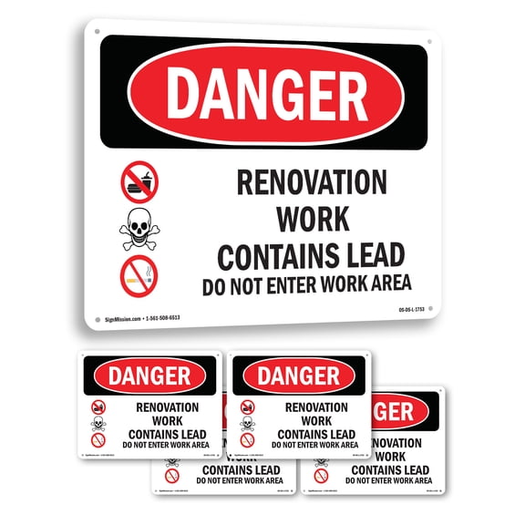 Renovation Work Contains Lead Do Not Enter OSHA Danger Aluminum Sign 18 Inch x 12 Inch - 5 Pack