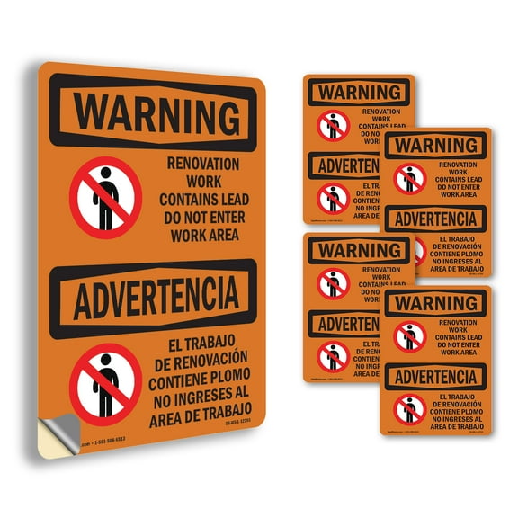 Renovation Work Contains Lead Do Not Enter OSHA WARNING Vinyl Decal Label 5 Inch x 3.5 Inch - 5 Pack